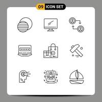 9 User Interface Outline Pack of modern Signs and Symbols of buy security pc louck laptop Editable Vector Design Elements