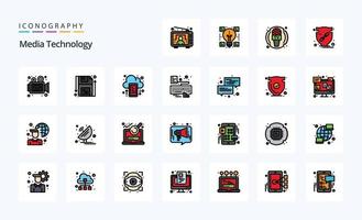 paquete de iconos de estilo lleno de línea de tecnología de 25 medios vector