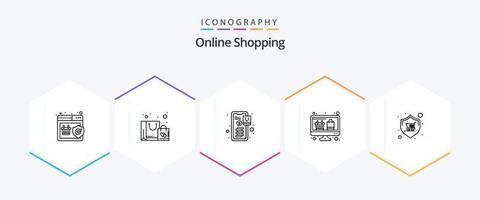paquete de iconos de 25 líneas de compras en línea que incluye tienda. las compras en línea. bancario. monitor. computadora vector