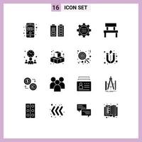 Pack of 16 Modern Solid Glyphs Signs and Symbols for Web Print Media such as park garden cog furniture setting Editable Vector Design Elements