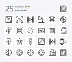 Photo Studio 25 Line icon pack including dvd. studio. media player. photography. light vector