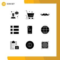 9 Thematic Vector Solid Glyphs and Editable Symbols of phone image moustache frame men Editable Vector Design Elements