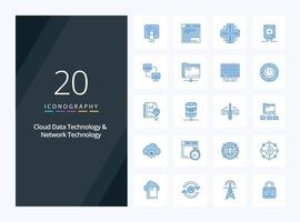 20 tecnología de datos en la nube y tecnología de red icono de color azul para presentación vector