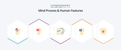 proceso mental y características humanas Paquete de 25 íconos planos que incluye cerebro. mente. personalidad. cabeza. negocio vector