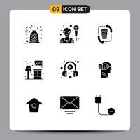 Mobile Interface Solid Glyph Set of 9 Pictograms of headphone lump disposal furniture home Editable Vector Design Elements