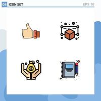 4 Universal Filledline Flat Color Signs Symbols of like point hand gadget money Editable Vector Design Elements