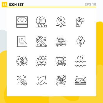 conjunto de esquema de interfaz móvil de 16 pictogramas de elementos de diseño de vector editables de proceso de búsqueda de mente de cubo