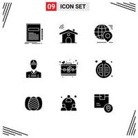 Mobile Interface Solid Glyph Set of 9 Pictograms of work engineer house construction pin Editable Vector Design Elements