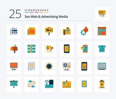 Seo Web And Advertising Media 25 Flat Color icon pack including watch. gear. branding. time. fax machine vector