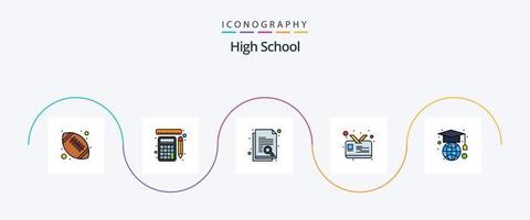 la línea de la escuela secundaria llenó el paquete de iconos planos 5 que incluye el globo. educación. documento. tarjeta de estudiante. tarjeta vector