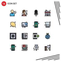 Pack of 16 Modern Flat Color Filled Lines Signs and Symbols for Web Print Media such as food real female shop microphone Editable Creative Vector Design Elements