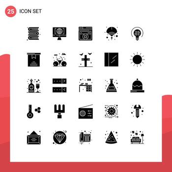 25 User Interface Solid Glyph Pack of modern Signs and Symbols of bulb insight web data new Editable Vector Design Elements