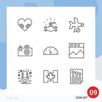 9 Creative Icons Modern Signs and Symbols of speed gauge flight design camera Editable Vector Design Elements