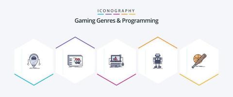 Gaming Genres And Programming 25 FilledLine icon pack including robot. autonomous. tactic. system. error vector