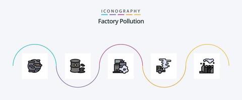 la línea de contaminación de la fábrica llenó el paquete de iconos planos 5 que incluye la contaminación. emisión. polución. auto. polución vector