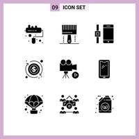 Modern Set of 9 Solid Glyphs and symbols such as movie film connect camera money Editable Vector Design Elements