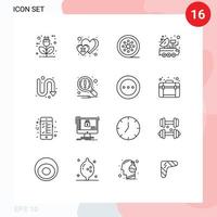 Modern Set of 16 Outlines Pictograph of signal satellite cross car tape reel Editable Vector Design Elements