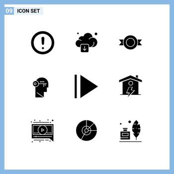 9 User Interface Solid Glyph Pack of modern Signs and Symbols of play mind technology lock brain Editable Vector Design Elements