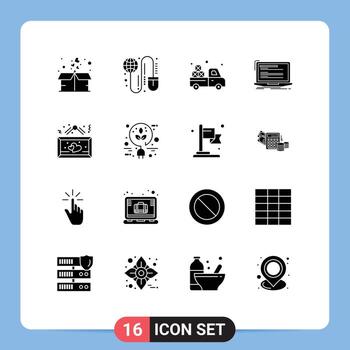 conjunto de 16 paquetes de glifos sólidos comerciales para computadora de script en todo el mundo que codifican elementos de diseño de vectores editables agrícolas
