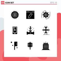 Pack of 9 creative Solid Glyphs of plumber shopping gear euro mobile Editable Vector Design Elements