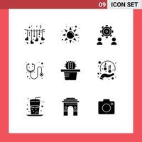 Modern Set of 9 Solid Glyphs Pictograph of pot stethoscope employee medicine doctor Editable Vector Design Elements