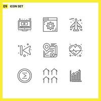 Pack of 9 Modern Outlines Signs and Symbols for Web Print Media such as target map airplane left forward Editable Vector Design Elements