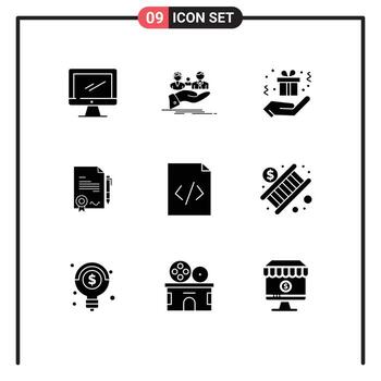 conjunto de pictogramas de 9 glifos sólidos simples de código hecho certificado de vida elementos de diseño vectorial editables de fiesta manual vector
