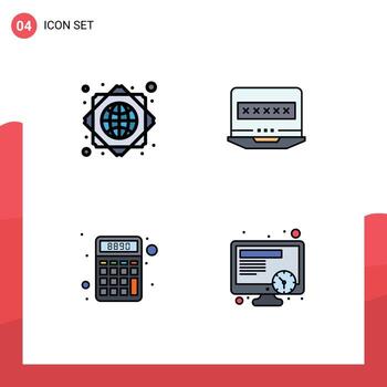 Filledline Flat Color Pack of 4 Universal Symbols of global infrastructure math laptop security schedule Editable Vector Design Elements