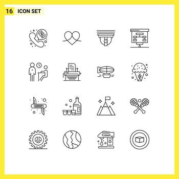 Pack of 16 Modern Outlines Signs and Symbols for Web Print Media such as interview presentation wrapper graphic cam Editable Vector Design Elements