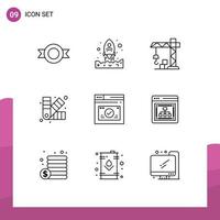 Group of 9 Outlines Signs and Symbols for website secure construction page art Editable Vector Design Elements