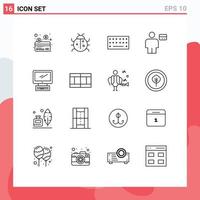 Universal Icon Symbols Group of 16 Modern Outlines of monitor debit hardware credit body Editable Vector Design Elements