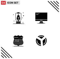 Set of 4 Vector Solid Glyphs on Grid for lantern sign computer imac security Editable Vector Design Elements