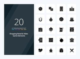 20 Shoping Retail And Video Game Elements Solid Glyph icon for presentation vector