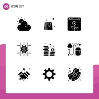 9 Thematic Vector Solid Glyphs and Editable Symbols of currency coins financial cash computing Editable Vector Design Elements