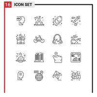 Group of 16 Modern Outlines Set for transport bicycle love present gift Editable Vector Design Elements