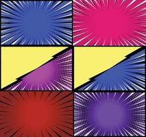 Comic book colorful frames background with halftone rays radial and dotted effects pop art style vector