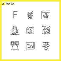 Modern Set of 9 Outlines and symbols such as date day web calender padlock Editable Vector Design Elements