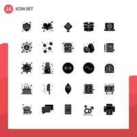 Group of 25 Modern Solid Glyphs Set for globe laptop love product box Editable Vector Design Elements
