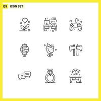 Mobile Interface Outline Set of 9 Pictograms of easter decoration control pad chinese lantern Editable Vector Design Elements