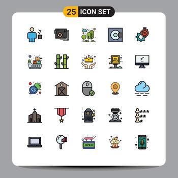 paquete de línea vectorial editable de 25 colores planos de línea rellena simple de dispositivos minidisco naturaleza de árbol de energía elementos de diseño vectorial editables vector