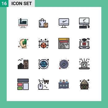 16 líneas llenas de colores planos universales para aplicaciones web y móviles gadget cabeza de computadora humana pc elementos de diseño de vectores creativos editables