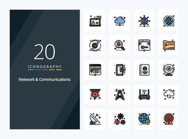 20 iconos llenos de línea de red y comunicaciones para presentación vector