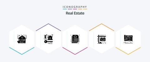 Real Estate 25 Glyph icon pack including map. home. estate. blueprint. home vector