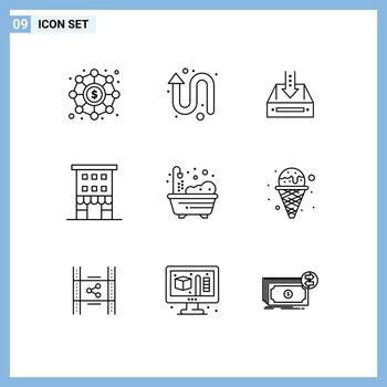 9 símbolos de signos de contorno universal de los edificios de la bandeja de entrada de la casa de la tienda elementos de diseño vectorial editables vacíos vector