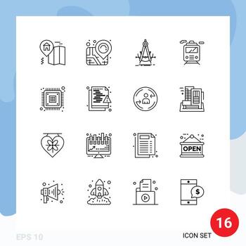 Pack of 16 Modern Outlines Signs and Symbols for Web Print Media such as encryption data geometry chip transport Editable Vector Design Elements