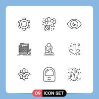 User Interface Pack of 9 Basic Outlines of meditation market human eye investment data Editable Vector Design Elements