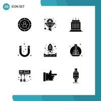 Pack of 9 creative Solid Glyphs of magnet attract gear real landmarks Editable Vector Design Elements