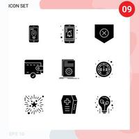 Pack of 9 Modern Solid Glyphs Signs and Symbols for Web Print Media such as running executable security code money Editable Vector Design Elements