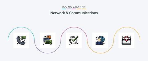 la línea de red y comunicaciones llenó el paquete de iconos planos 5, incluido el hombre. en línea. apoyo. usuario. OK vector