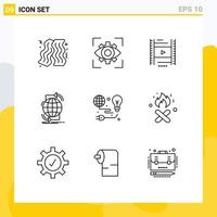 Set of 9 Vector Outlines on Grid for protection network vedio internet connectivity Editable Vector Design Elements